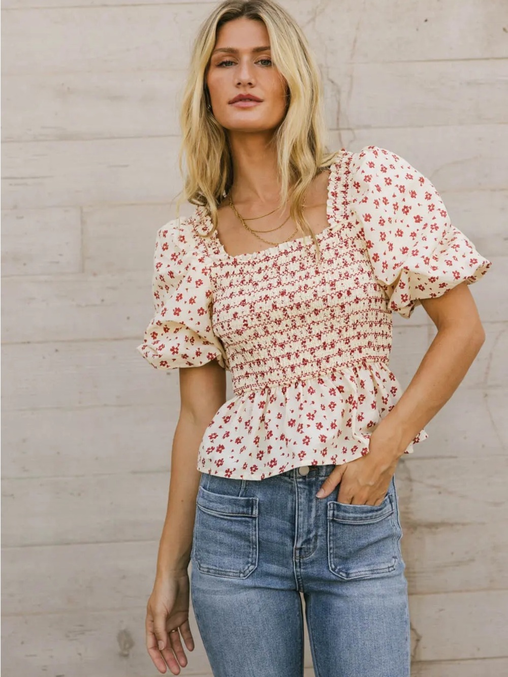 Smocked Square-Neck Peplum Puff Sleeve Top - Cream with Red Floral